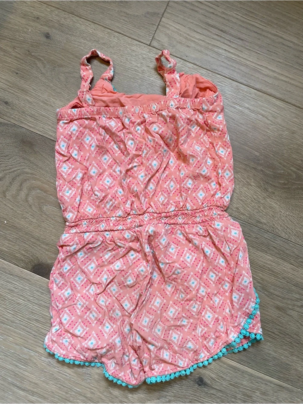 Cherokee Coral Pink Patterned Girls Romper with Teal Trim